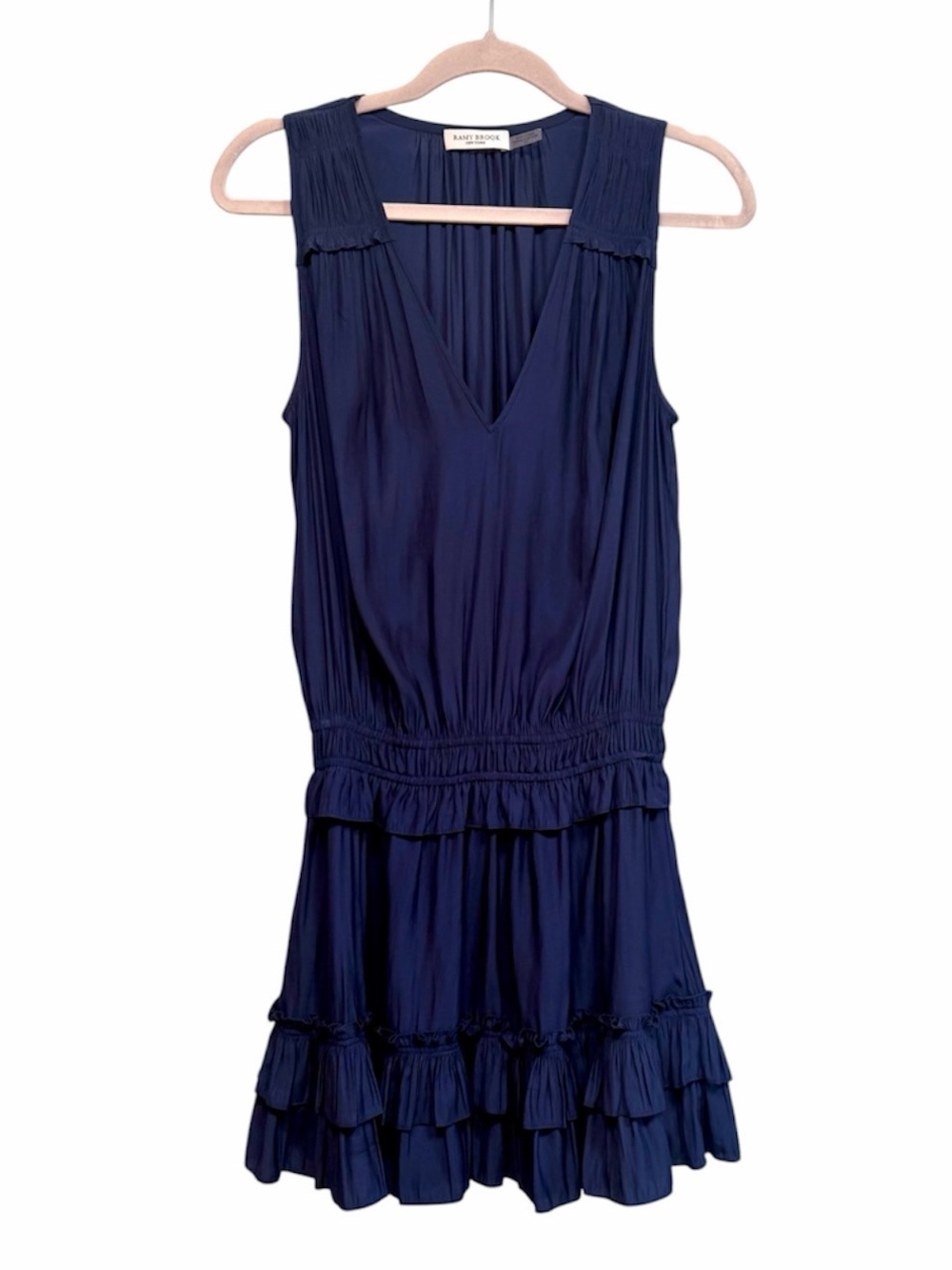 Ramy Brook navy sleeveless  tiered ruffle skirt mini dress, size small